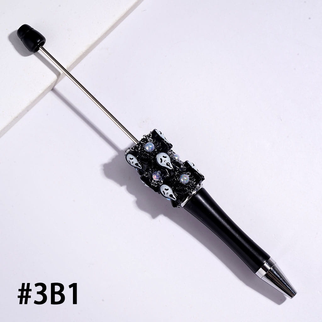 Hand-Made Sugar Beadable Pens with Skull Ghost Halloween Series, UV Coated White Pearl Black Cone Shaped Rhinestones