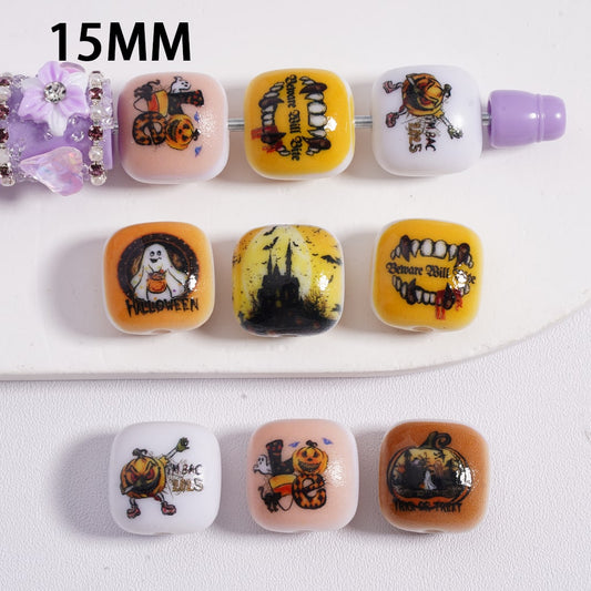 Flat Cube Square Acrylic Beads Halloween Series Ghost Pumpkin 15MM, Random Mix