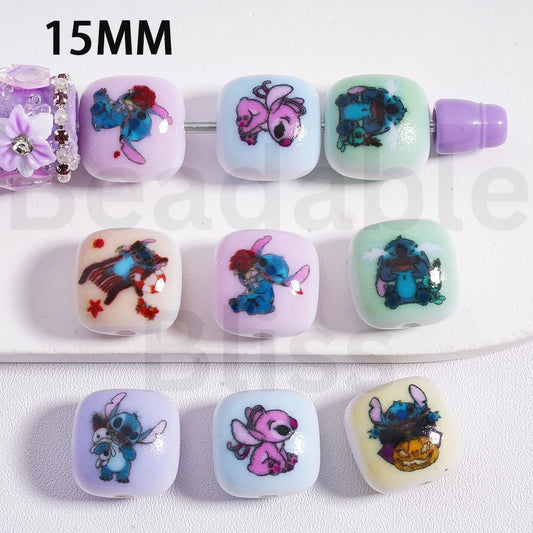 Flat Cube Square Acrylic Beads Halloween Pumpkin Cute Pink & Blue Stitc 15MM, Random Mix