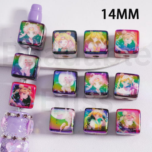 Cube Square Acrylic Beads UV Coating Cute Girl Sailor Moo Japan Anime 14MM, Random  Mix