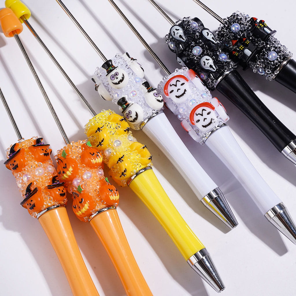 Hand-Made Sugar Beadable Pens with Skull Ghost Halloween Series, UV Coated White Pearl Black Cone Shaped Rhinestones