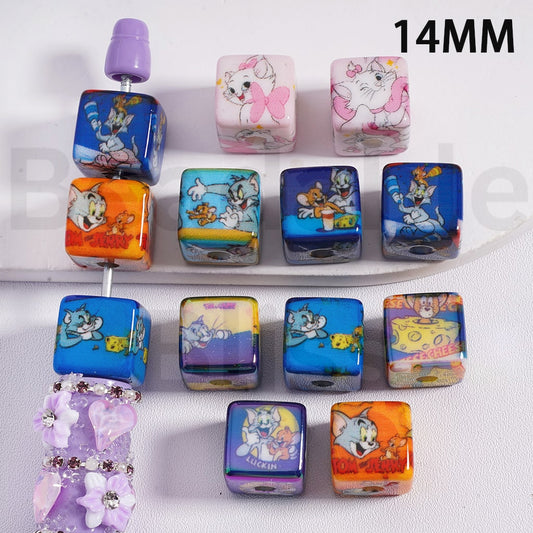 Cube Square Acrylic Beads UV Coating Cute To & Jerr 14MM, Random Mix