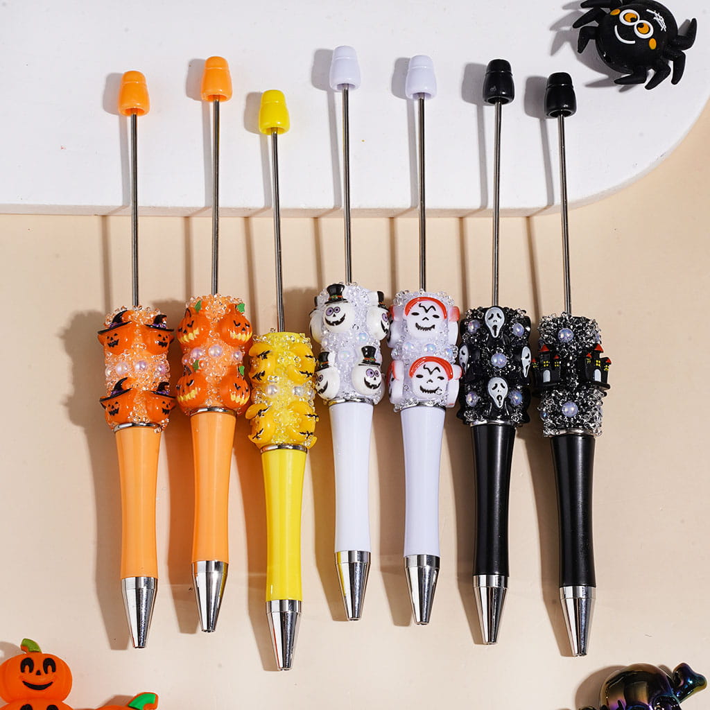 Hand-Made Sugar Beadable Pens with Skull Ghost Halloween Series, UV Coated White Pearl Black Cone Shaped Rhinestones