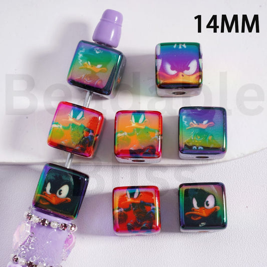 Cube Square Acrylic Beads UV Coating Cute Duck 14MM, Random Mix