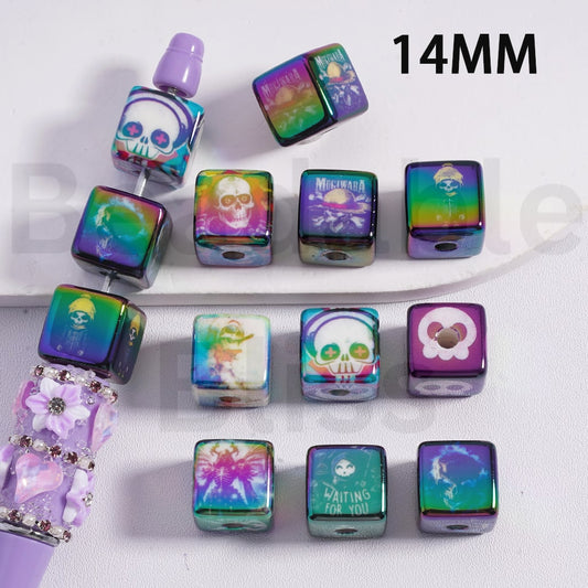 Cube Square Acrylic Beads UV Coating Horror Skeleton Skull Head 14MM, Random Mix