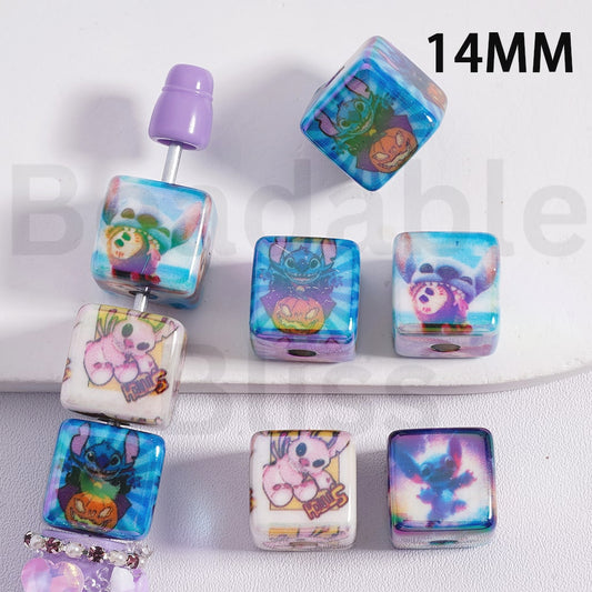 Cube Square Acrylic Beads UV Coating Cute Blue & Pink Stitc Ghost Face Pumpkin Halloween 14MM, Random Mix