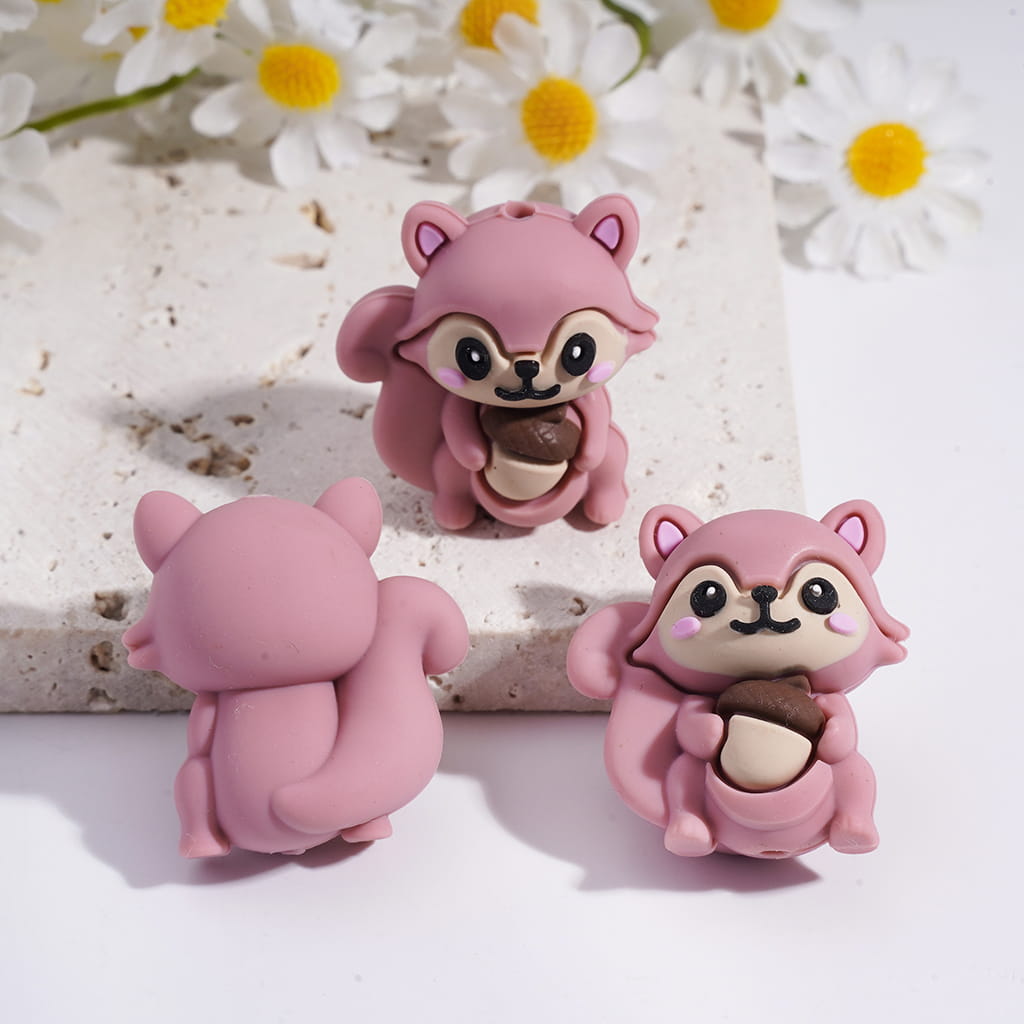 Silicone Focal Beads 3D Squirrel Holding Pine Cone in Various Colors