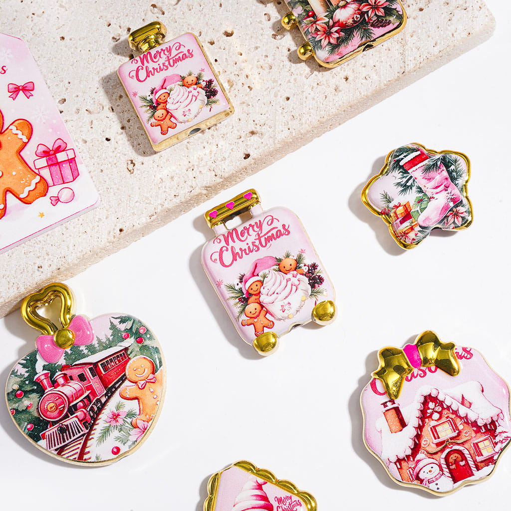 Gingerbread Men Train Snowmen House Stocking Candles Gift in Pink Christmas Theme Acrylic Beads and Pendants, Gold Border, Random Mix