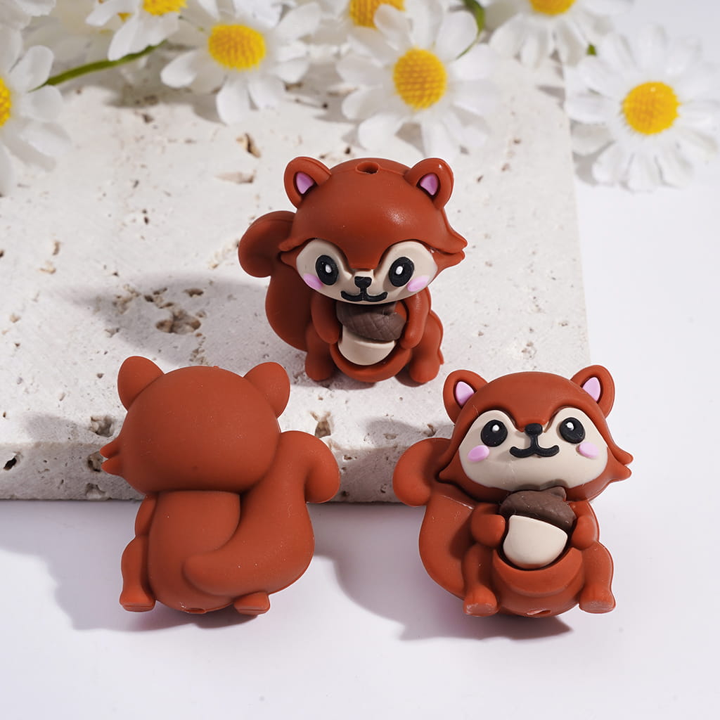 Silicone Focal Beads 3D Squirrel Holding Pine Cone in Various Colors