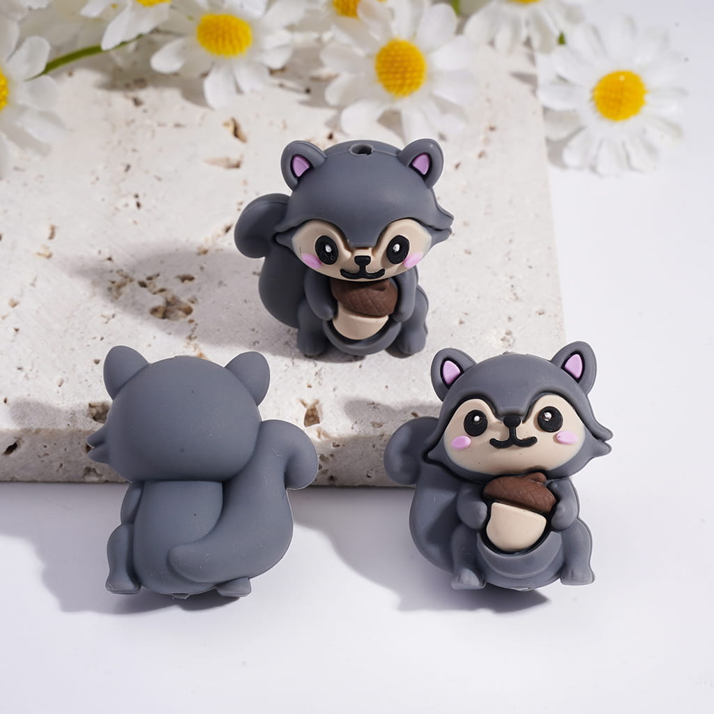 Silicone Focal Beads 3D Squirrel Holding Pine Cone in Various Colors