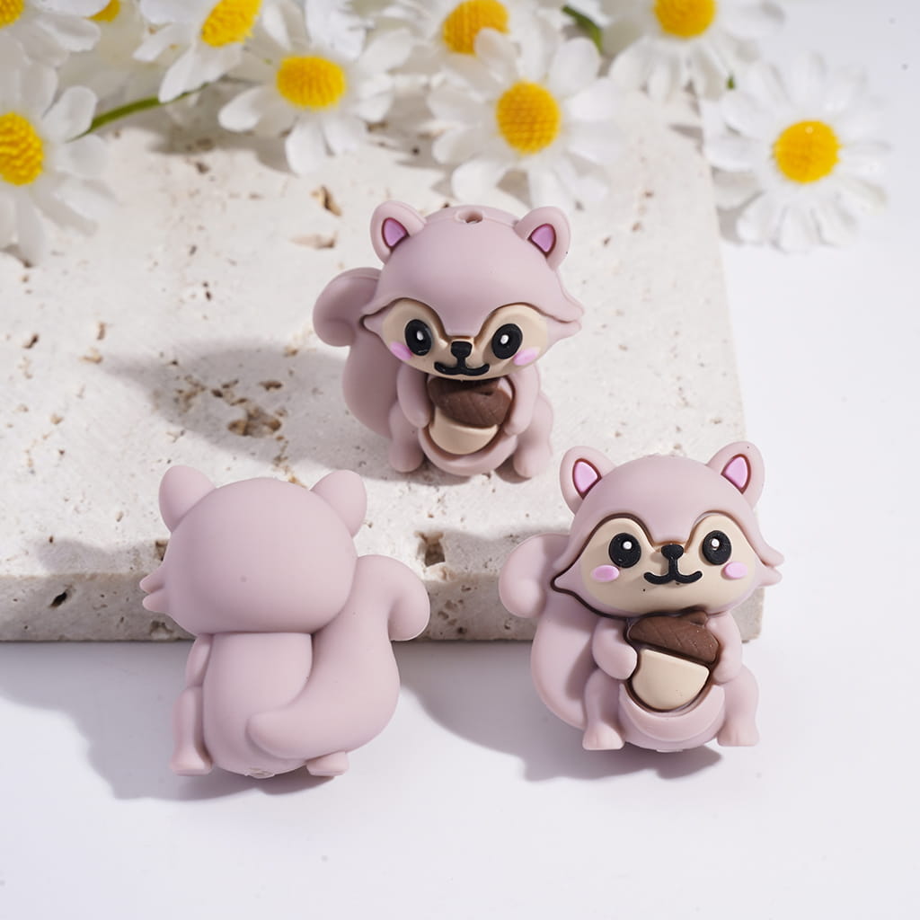 Silicone Focal Beads 3D Squirrel Holding Pine Cone in Various Colors