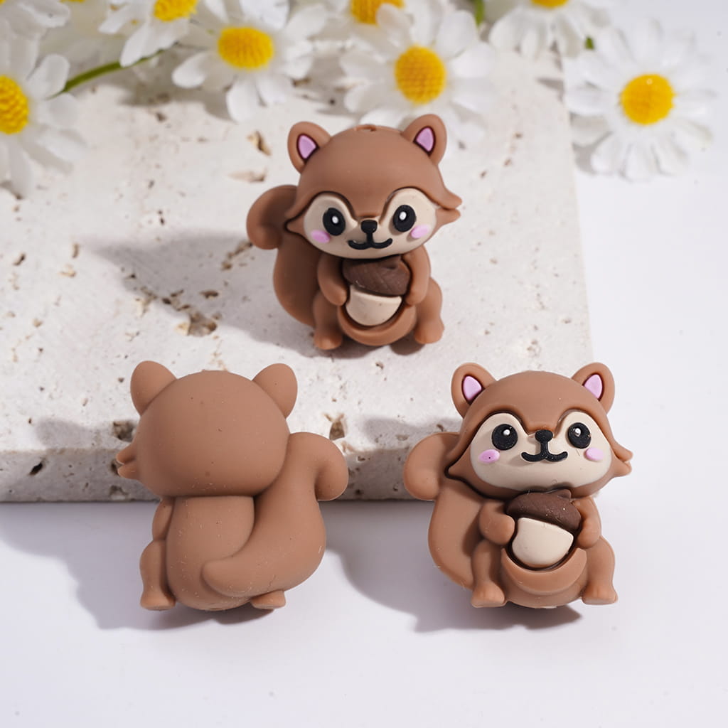Silicone Focal Beads 3D Squirrel Holding Pine Cone in Various Colors