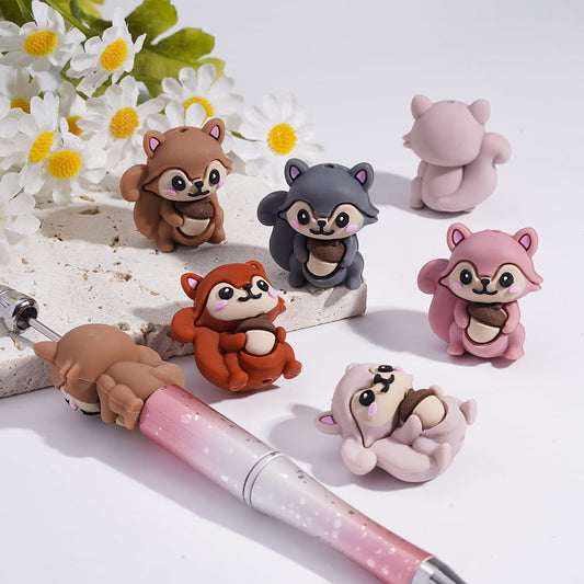 Silicone Focal Beads 3D Squirrel Holding Pine Cone in Various Colors