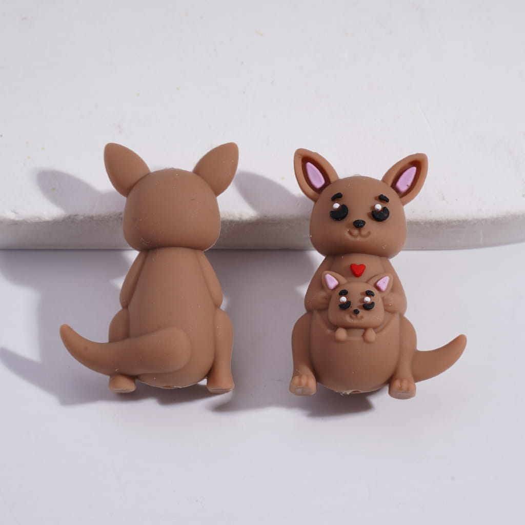 Silicone Focal Beads 3D Kangaroo Mom Holding Baby in Various Colors