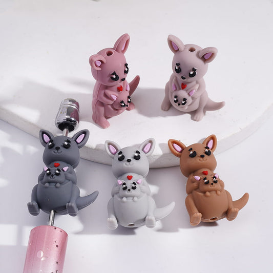 Silicone Focal Beads 3D Kangaroo Mom Holding Baby in Various Colors