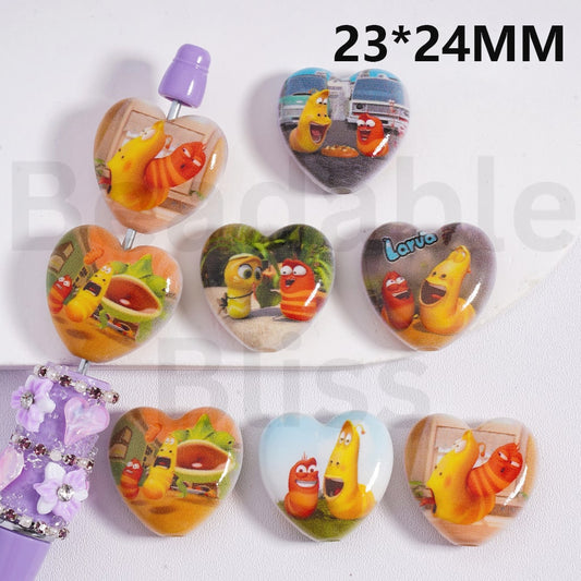 Flat Acrylic Beads Heart Shape Cute Larv Cartoon 23*24MM, Random Mix