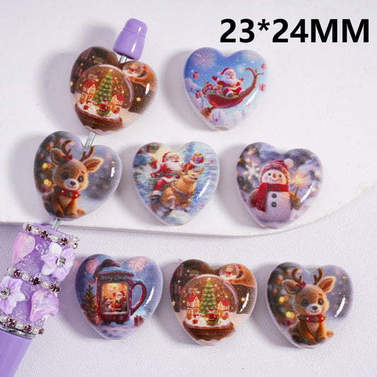 Flat Acrylic Beads Heart Shape Christmas Series Father Christmas Elk Snowman 23*24MM, Random Mix