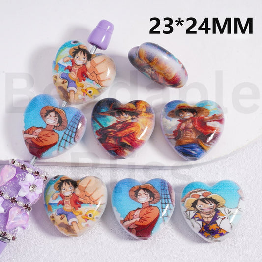 Flat Acrylic Beads Heart Shape Cute One Piec Prints Japan Anime  23*24MM, Random Mix