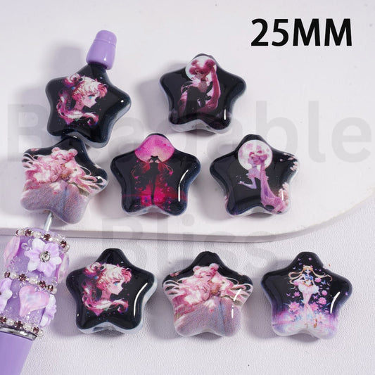 Acrylic Beads Star Shape Cute Girl  Sailor Moo Japan Anime 25MM, Random Mix