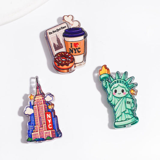 New York City Theme Acrylic Beads, Taxi Statue of Liberty Brooklyn Coffee, Semi-Clear, Random Mix