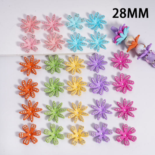 Acrylic Beads Jewelry Accessories Cute Multi-Petal Flowers  with Clear Shiny Rhinestones Solid Color 28MM, Random Mix