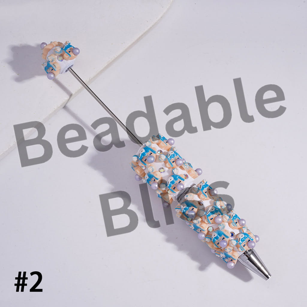 Beadable Clay Pens with Baby Girl Face Blowing Silver Bubble and AB Rhinestones in Various Style
