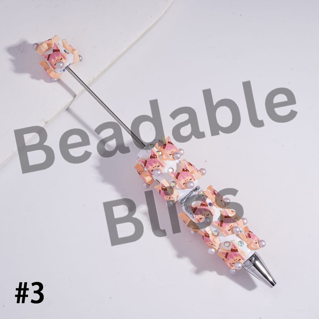 Beadable Clay Pens with Baby Girl Face Blowing Silver Bubble and AB Rhinestones in Various Style