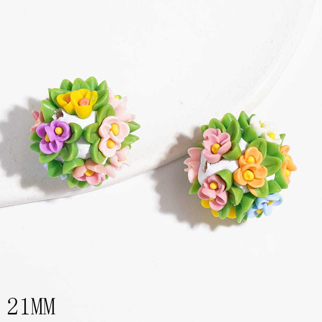 Clay Beads with Various Colors Flowers and Green Leaves, 21MM