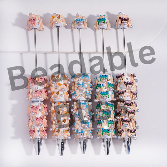 Beadable Clay Pens with Baby Girl Face Blowing Silver Bubble and AB Rhinestones in Various Style