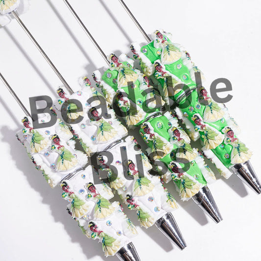 Princess Wearing Green Yellow Formal Dress and Holding Frog Beadable Clay Pens, White and Green Pen Base