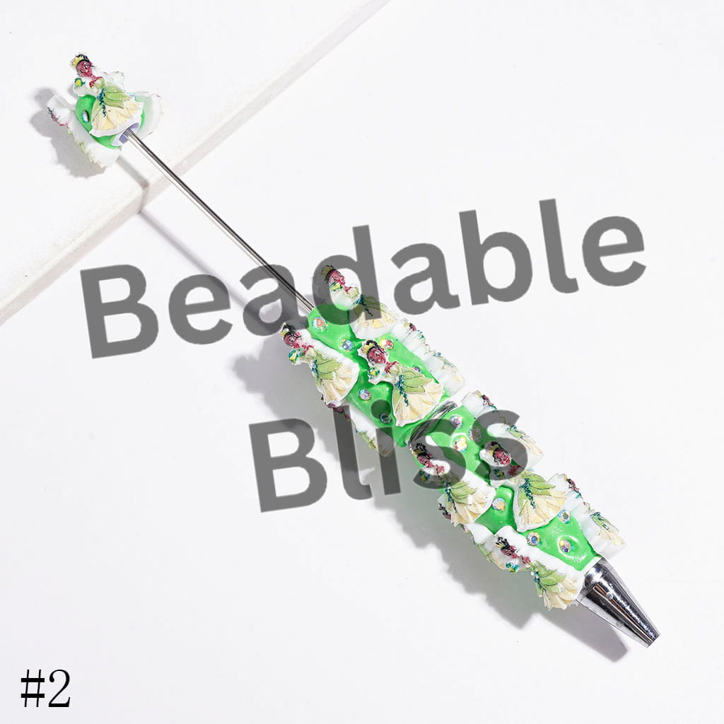 Princess Wearing Green Yellow Formal Dress and Holding Frog Beadable Clay Pens, White and Green Pen Base