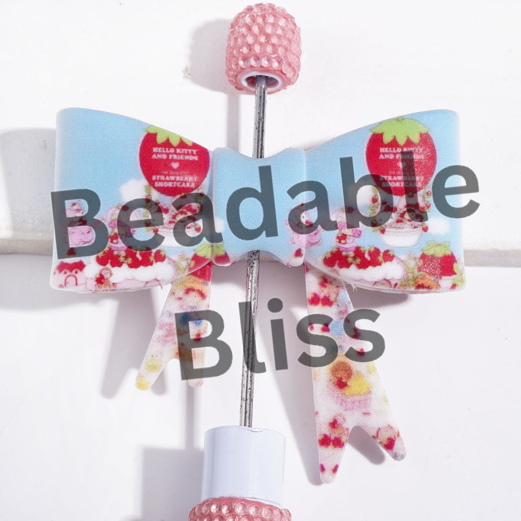 UV-Printed Silicone Focal Beads Soft Bowtie with Berry Girl and Adorable Character Pattern, Light Blue Background, 53*59MM