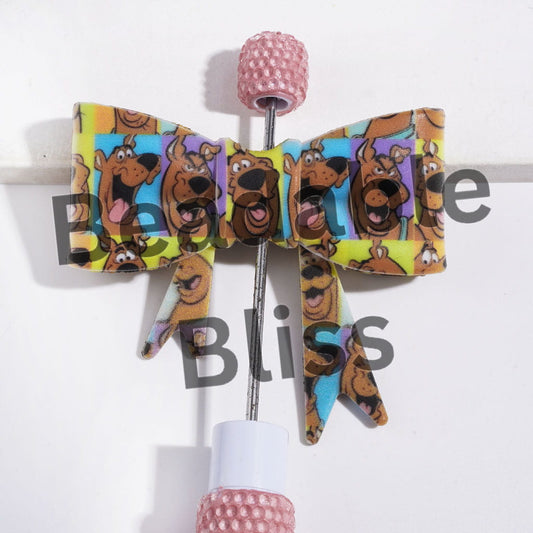 UV-Printed Soft Bowtie with Brown Dog Character Printed Silicone Focal Beads, 53*59MM