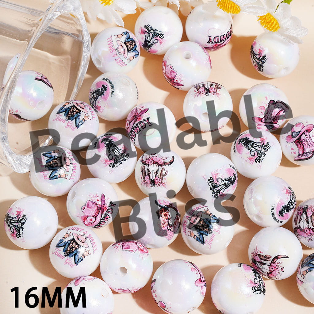 UV Coating Western Cowboys Pink Series Round Acrylic Beads for Bracelets, 16MM Random Mix