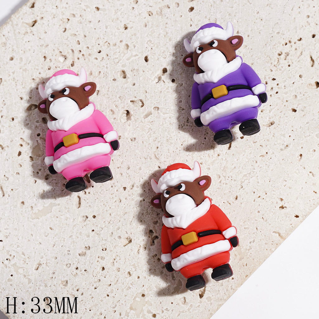 Silicone Focal Beads Brown Cow Cattle Calf with Christmas Santa Claus Clothes, Height 33MM, Multi-Color