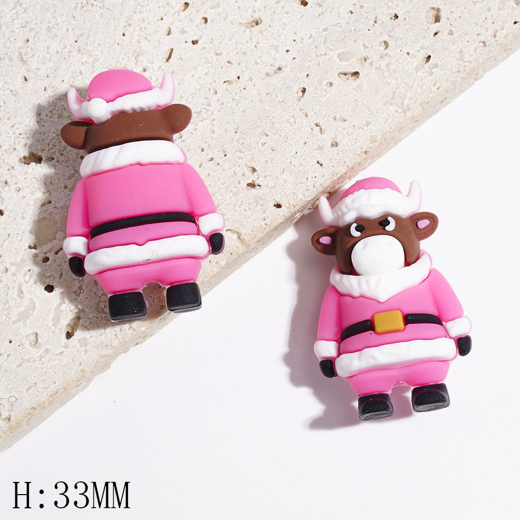 Silicone Focal Beads Brown Cow Cattle Calf with Christmas Santa Claus Clothes, Height 33MM, Multi-Color