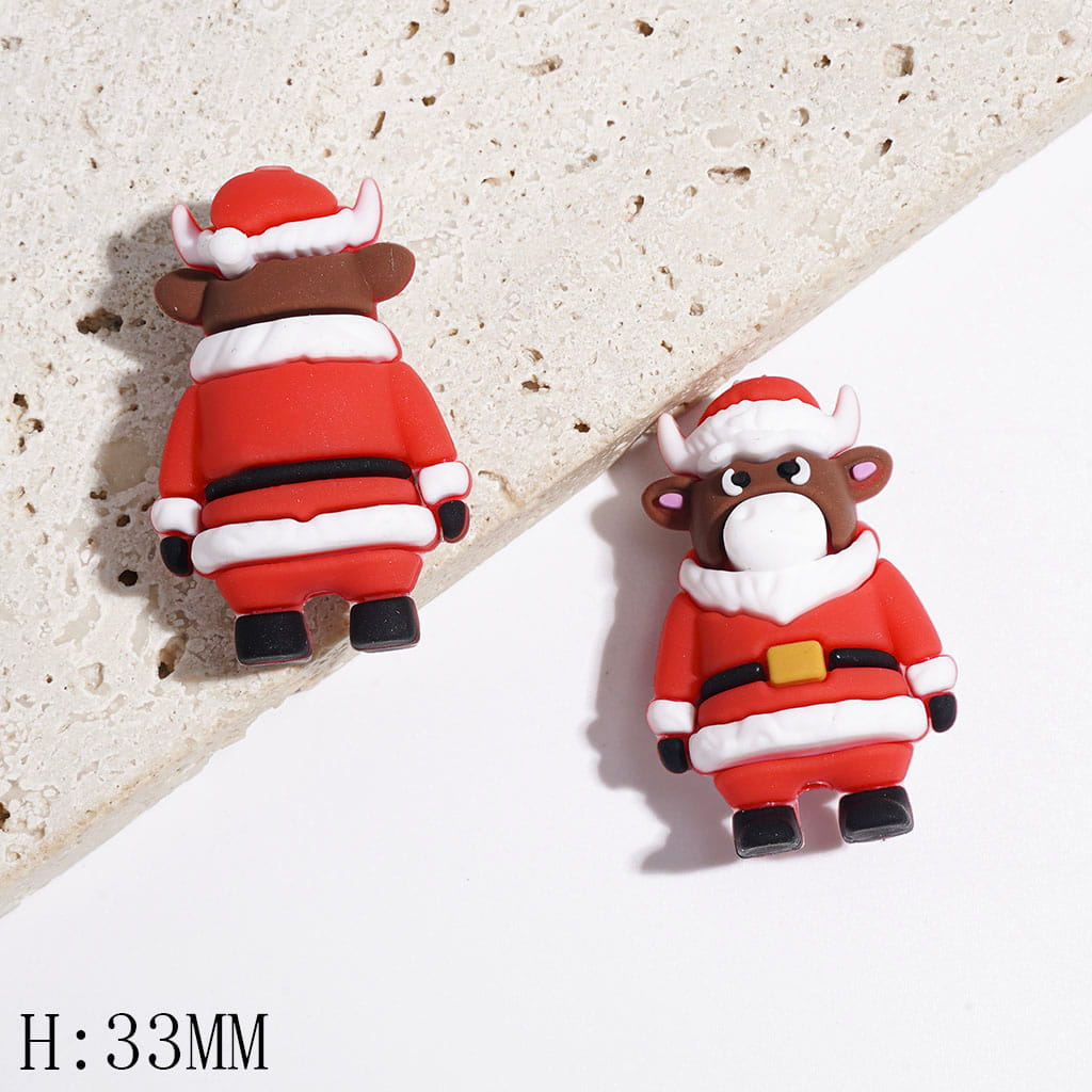 Silicone Focal Beads Brown Cow Cattle Calf with Christmas Santa Claus Clothes, Height 33MM, Multi-Color