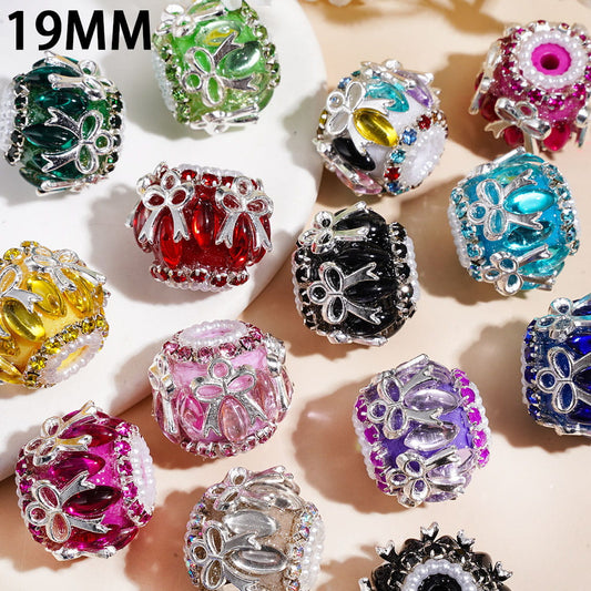 Handmade Acrylic Beads w Marquise Cut Rhinestones & Alloy Bowknot, Rhinestone & White Pearl Chains, 19MM Multi-Colors Random Mix