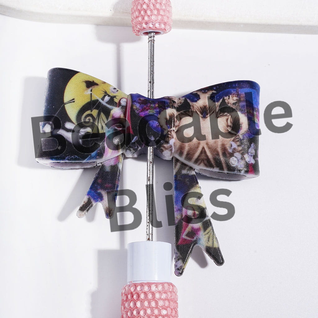 UV-Printed Soft Bowtie with Red Hair Girl and Boy Couple Skull Character Printed Silicone Focal Beads, 53*59MM