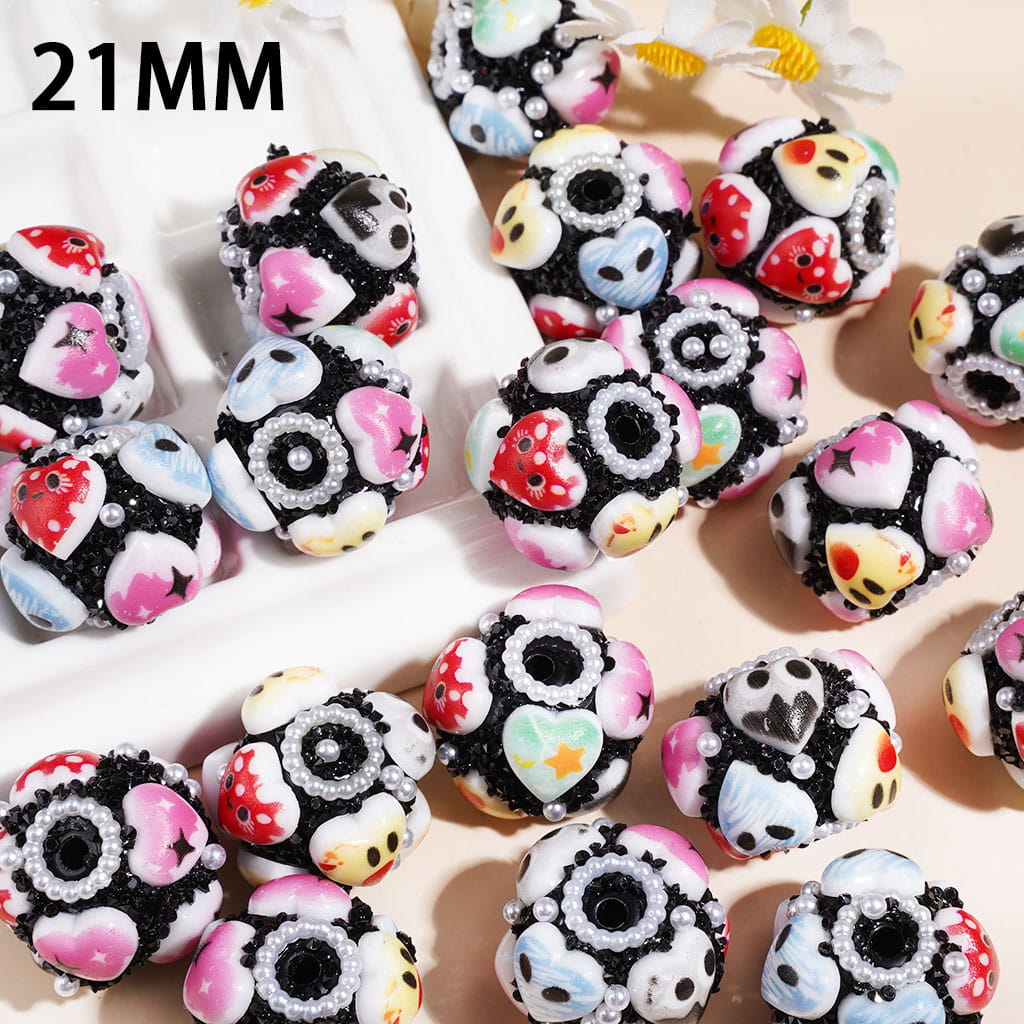 Hand-Made Acrylic Sugar Beads Heart Series, Black Cone Shaped Rhinestones & White Pearl Chains, 21MM