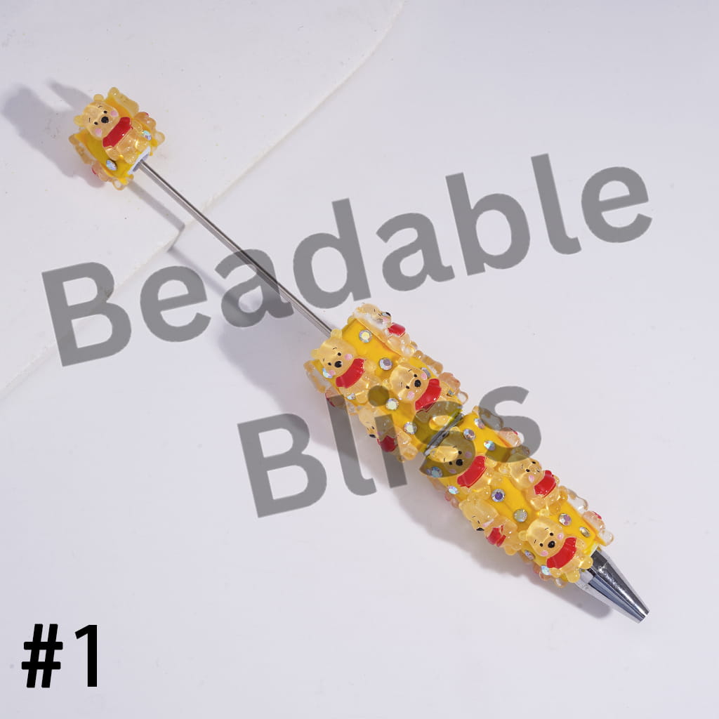 Beadable Clay Pens with Yellow Honey Bear Character in Various Style, AB Rhinestones and White Pearl