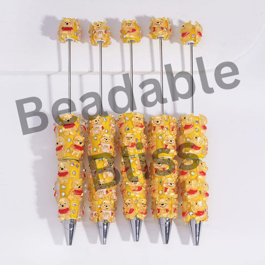 Beadable Clay Pens with Yellow Honey Bear Character in Various Style, AB Rhinestones and White Pearl