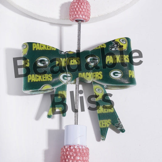 UV-Printed Silicone Focal Beads Soft Bowtie with Green Bay Football Team Pattern, 53*59MM