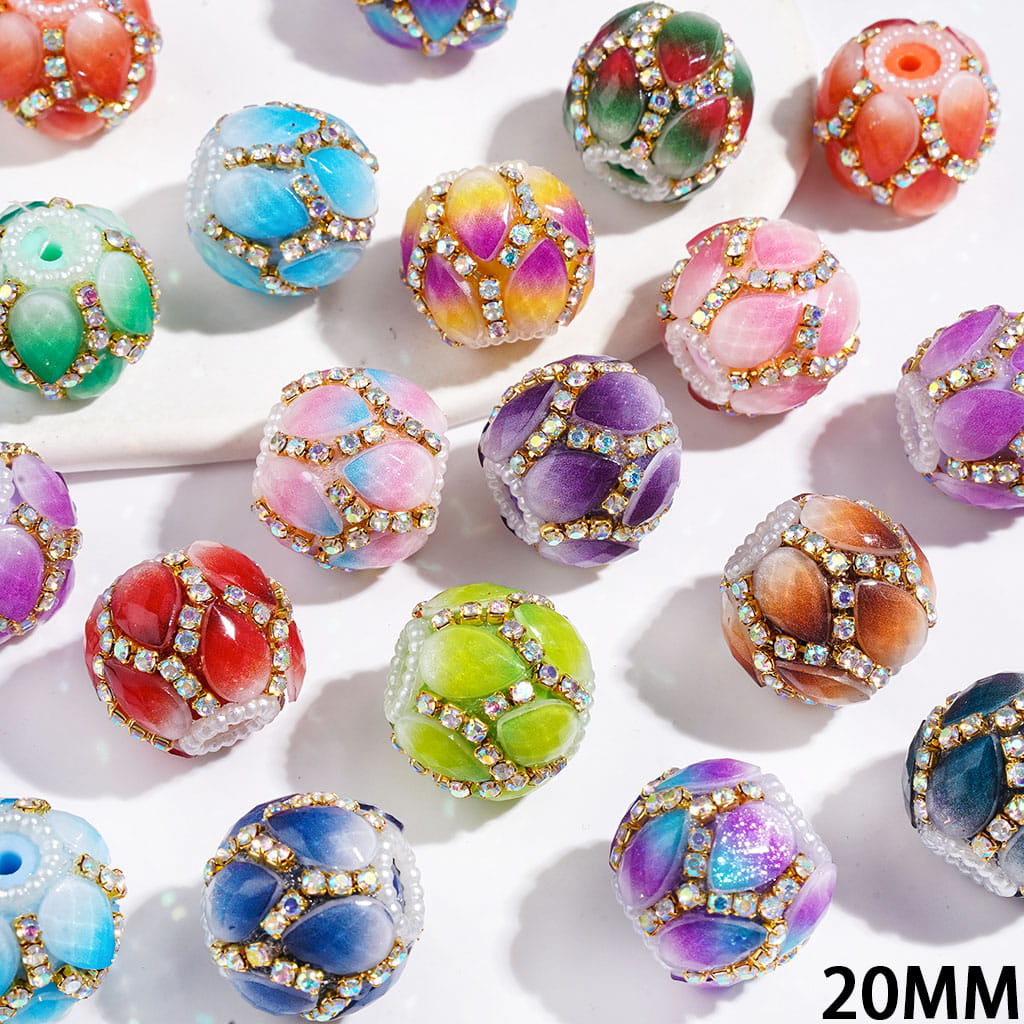 Handmade Acrylic Beads with Gradient and Glitter Lotus Petals, AB Rhinestone and White Pearl Chains, 20MM Multi-Color Random Mix