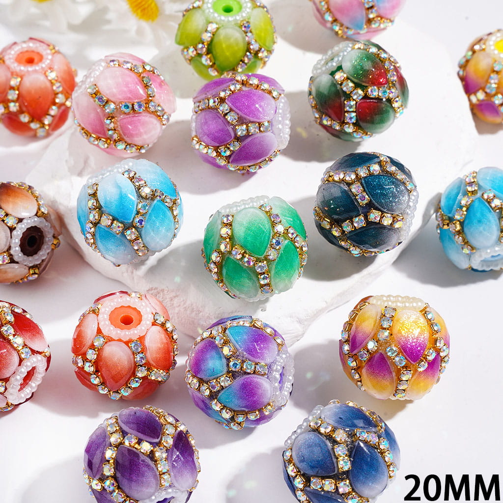Handmade Acrylic Beads with Gradient and Glitter Lotus Petals, AB Rhinestone and White Pearl Chains, 20MM Multi-Color Random Mix