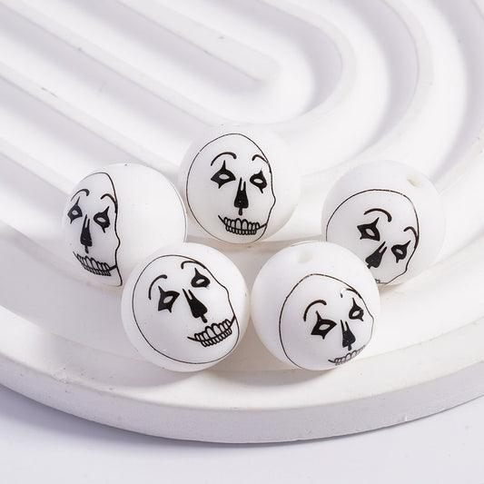 Printed Silicone Round Beads with Horror Skeleton Face, White 15MM