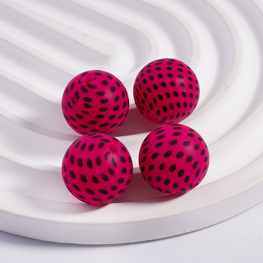 Printed Silicone Round Beads with Mini Black Spots, Rose Red 15MM