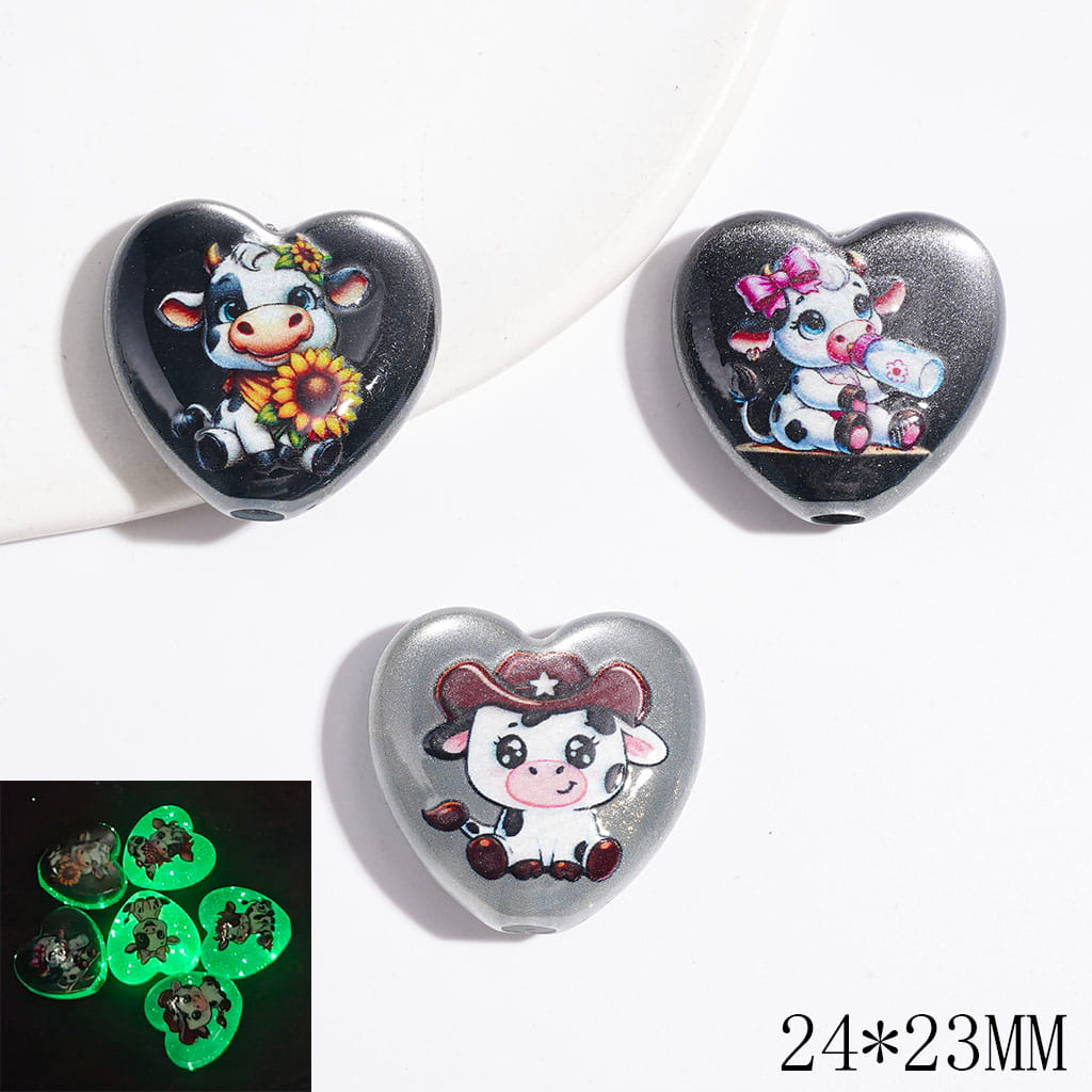 Western Dairy Cattle Acrylic Beads Luminous and Cat Eye Style, with Gold Glitter, 24*23MM, Heart Shape, Random Mix
