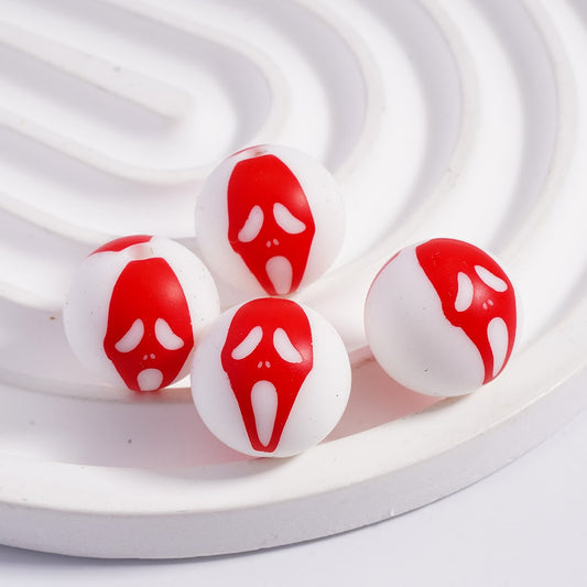 Printed Silicone Round Beads with Horror Red Ghost Face Halloween, White 15MM