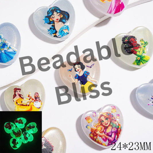 Beautiful Princess Characters Luminous & Cat Eye Style Acrylic Beads, with Gold Glitter, Heart Shape, Random Mix